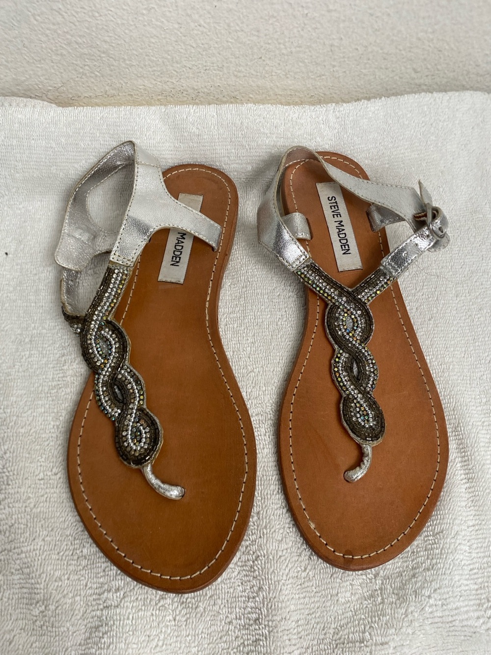 Steve Madden Women's Leather Silver Bling Ankle Strap Flat Sandals Size 8.5 Boho